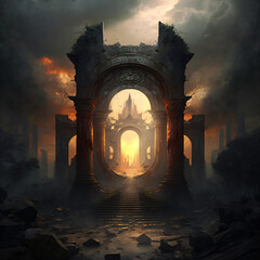 portal ruins fantasy landscape illustration Generative Ai - obrazy, fototapety, plakaty