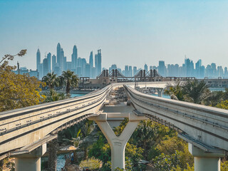 View from the promenade and tram monorail in The Palm Jumeirah island in Dubai, UAE