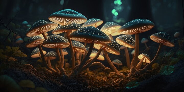 Digital Illustration of a Magical Fantasy Glowing Mushrooms in a Forest Setting. Concept Illustration, Magic Mystery and the Unknown. Made in part with generative AI.
