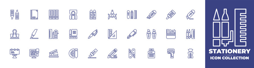 Stationery line icon collection. Editable stroke. Vector illustration. Containing markers, folder, folders, sharpener, crayon, compass, stationery, cutter, glue, paper clip, highlighter, and more.