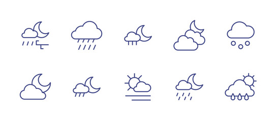 Weather line icon set. Editable stroke. Vector illustration. Containing night windy shower, rainy, night rain, cloudy night, hail, shower night, sunny fog, drizzle night, rainy day.