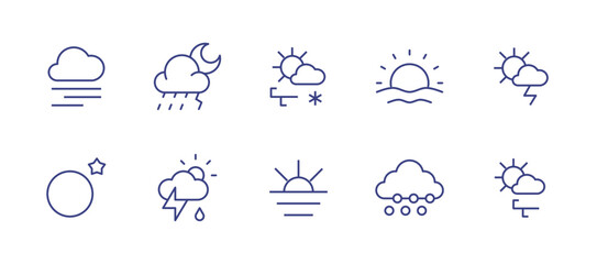 Weather line icon set. Editable stroke. Vector illustration. Containing fog, rain, sunny windy snowing, sunrise, thunder sunny, full moon, storm, sunset, snow, sunny windy.