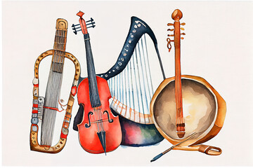 Surprising Banner of folk musical instruments watercolor illustration isolated. Generative Ai