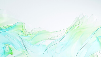 やわらかく透明感のある背景,  白背景に水色とグリーンの明るい印象, アブストラクト ドレープ 3d render