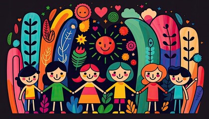 Children's Day Kids Celebration: A colorful background with children holding hands and smiling , Beautiful Colorful Artistic Designer Background Design Template (generative AI)