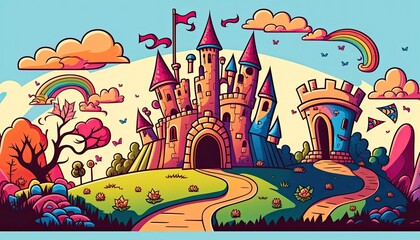 Obraz na płótnie Canvas Children's Day Kids Celebration: A fairy tale-themed background with castles, princesses, and dragons , Beautiful Colorful Artistic Designer Background Design Template (generative AI)