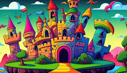 Obraz na płótnie Canvas Children's Day Kids Celebration: A fairy tale-themed background with castles, princesses, and dragons , Beautiful Colorful Artistic Designer Background Design Template (generative AI)