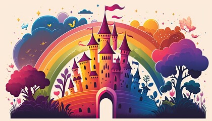 Children's Day Kids Celebration: A whimsical castle with a rainbow in the background , Beautiful Colorful Artistic Designer Background Design Template (generative AI)