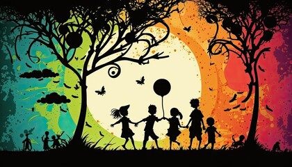 Children's Day Kids Celebration: Silhouettes of children playing under a bright sun , Beautiful Colorful Artistic Designer Background Design Template (generative AI)