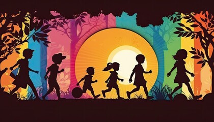 Children's Day Kids Celebration: Silhouettes of children playing under a bright sun , Beautiful Colorful Artistic Designer Background Design Template (generative AI)