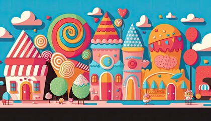 Children's Day Kids Celebration: A cityscape with buildings made of candy and sweets , Beautiful Colorful Artistic Designer Background Design Template (generative AI)