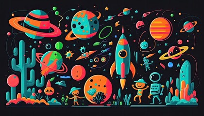 Children's Day Kids Celebration: A background with a space theme, with planets, rockets, and friendly aliens , Beautiful Colorful Artistic Designer Background Design Template (generative AI)