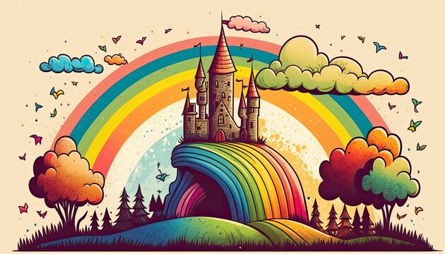Children's Day Kids Celebration: A whimsical castle with a rainbow in the background , Beautiful Colorful Artistic Designer Background Design Template (generative AI)