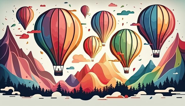 Children's Day Kids Celebration: Colorful hot air balloons floating in the sky , Beautiful Colorful Artistic Designer Background Design Template (generative AI)