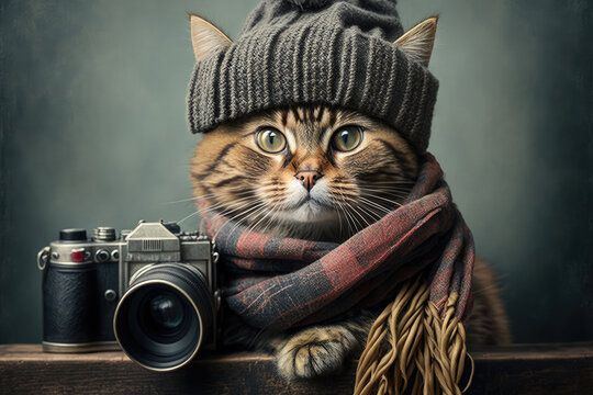 a portrait of cat with a camera, generative AI