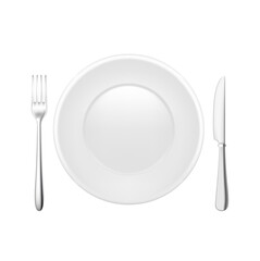 Realistic empty plate with spoon. Knife and fork. Icon 3D file PNG.