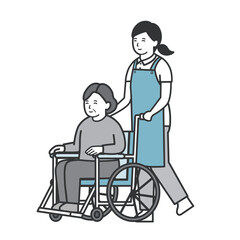 年配女性を車椅子で押す女性介護士のイラスト
