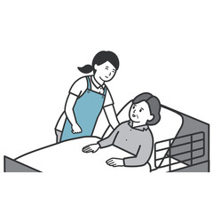 ベッドのシニア女性に微笑む女性介護士のイラスト