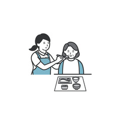 高齢女性の食事を介助する女性介護士のイラスト