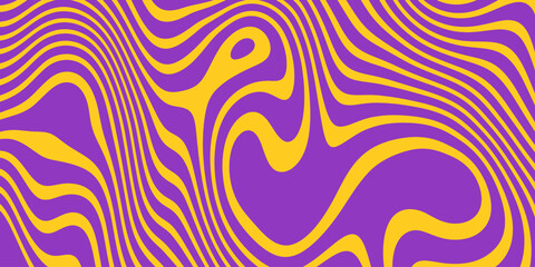 Retro groovy background. Wavy vintage trippy psychedelic wallpaper. Purple yellow liquid hippie texture. Colorful pattern for cover poster in 60s or 70s style. Vector