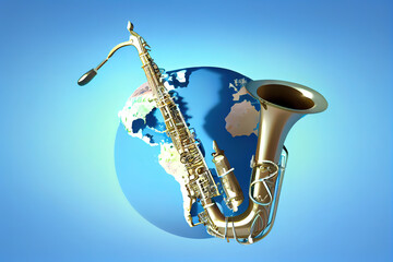Naklejka premium Classic blue orchestra horn on flat lay flat. Generative Ai