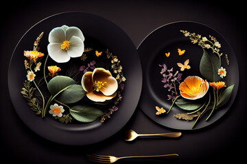Excellent Stylish table setting at restaurant. fancy plates and tender flowers on black background concept. Generative Ai