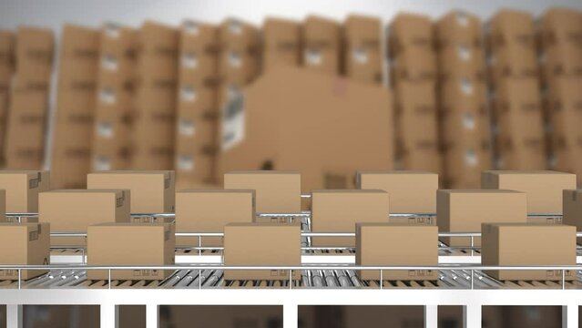 Animation of boxes on conveyor belt over boxes in warehouse