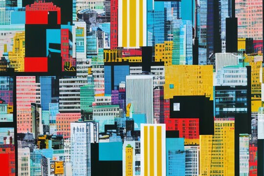cityscape paper collage, mixed media paper cutoff