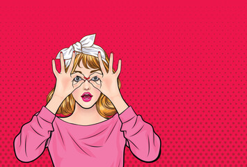 A surprised beautiful woman with a wow face holding her hands near her eyes Surprised girl Illustration