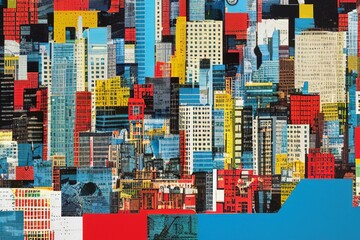 cityscape paper collage, mixed media paper cutoff