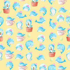 cute  seamless watercolor illustration  background mix colorful the happy blue whales with his pink paper ship  set  used for  wrapping paper, textile greeting card template or wallpaper design