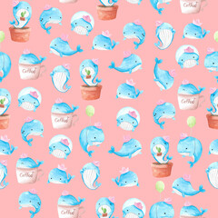 cute  seamless watercolor illustration  background mix colorful the happy blue whales with his pink paper ship  set  used for background texture, textile greeting card template or wallpaper design