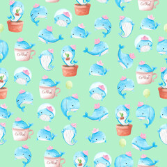 cute  seamless watercolor illustration  background mix colorful the happy blue whales with his pink paper ship  set  used for background texture, wrapping paper, textile greeting card template or