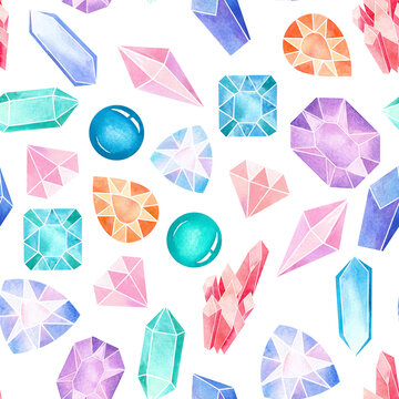   seamless watercolor illustration  gem and diamond  used for background texture, wrapping paper, textile greeting card template or wallpaper design