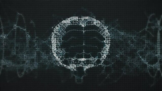 Animation of circles around human digital brain over dna helix against black background