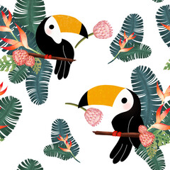  seamless digital art  illustration  Tropical botanical jungle forest, Hornbills bird and green leaves for background texture, wrapping paper, textile greeting card template or wallpaper design © borphloy