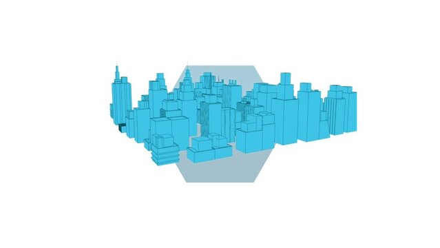 Animation of blue shapes moving and digital city on white background