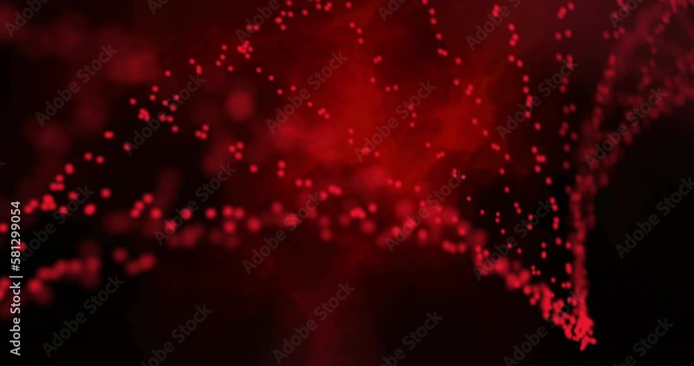 Poster animation of red particles forming dna helix over abstract pattern on black background