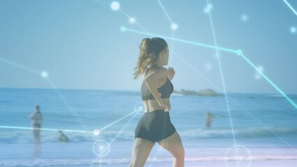 Animation of network of connections over caucasian woman running at beach - Powered by Adobe
