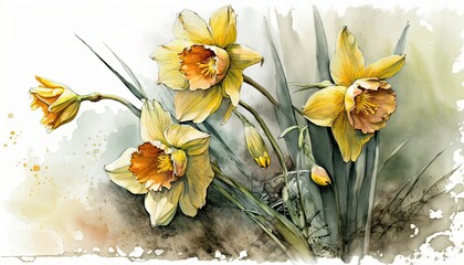 Beautiful Colorful Artistic Designer Easter Daffodils Watercolor Painting for Desktop Background or Digital Device, Holiday Celebration of Happiness, Joy, Cheerfulness generative AI