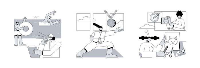 Personal training abstract concept vector illustration set. Swimming and lifesaving classes, self defense, how-to videos, pool instructor, martial arts, interactive online learning abstract metaphor.