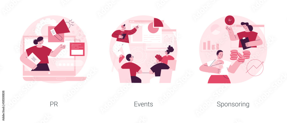 Poster website navigation bar abstract concept vector illustration set. pr events, sponsoring web page, ui 