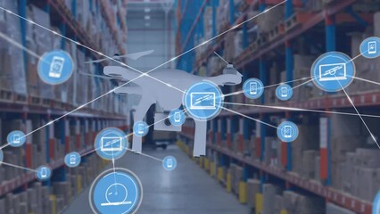 Animation of network of connections with icons over warehouse and drone - Powered by Adobe