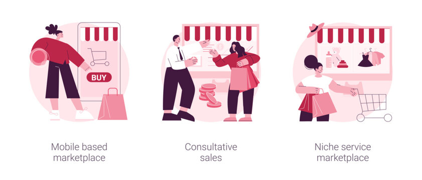 E-commerce application abstract concept vector illustration set. Mobile based marketplace, consultative sales, niche service online retail, buy and sell products with smartphone abstract metaphor.