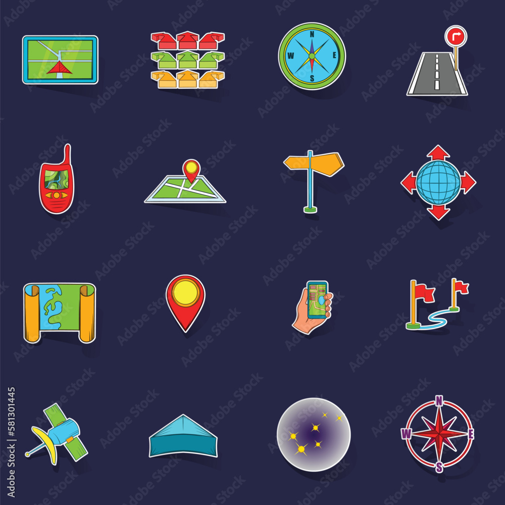 Poster navigation icons set stikers collection vector with shadow on purple background