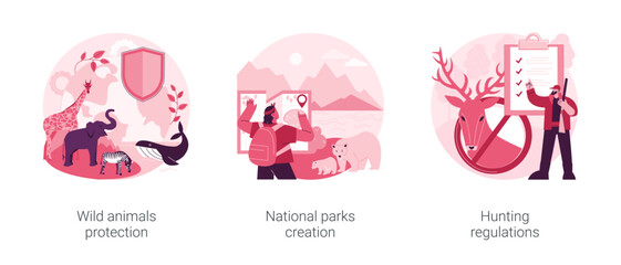 Wildlife preservation abstract concept vector illustration set. Wild animals protection, national parks creation, hunting regulations, hiking trail, shooting limit, ecosystem abstract metaphor.