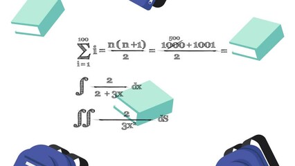 Animation of mathematical equations over school bag and notebook icons on white background - Powered by Adobe