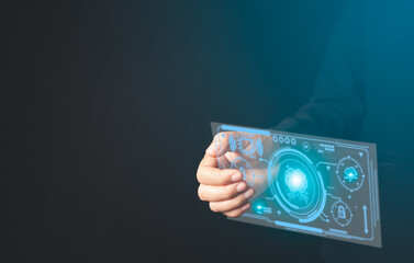 Female businesswoman hand holding transparent tablet showing virtual screen connected to robotic automation and ai technology, transforming data and applications.