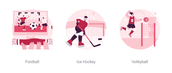 Team sport championship abstract concept vector illustration set. Football, ice hockey and volleyball, soccer college team, sports betting, competition match, uniform, training abstract metaphor.