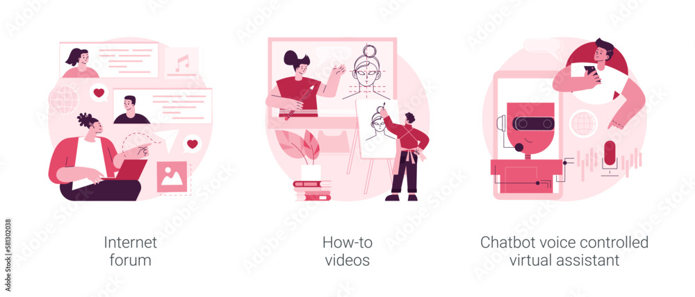 Poster web services abstract concept vector illustration set. internet forum, how-to videos, chatbot voice 